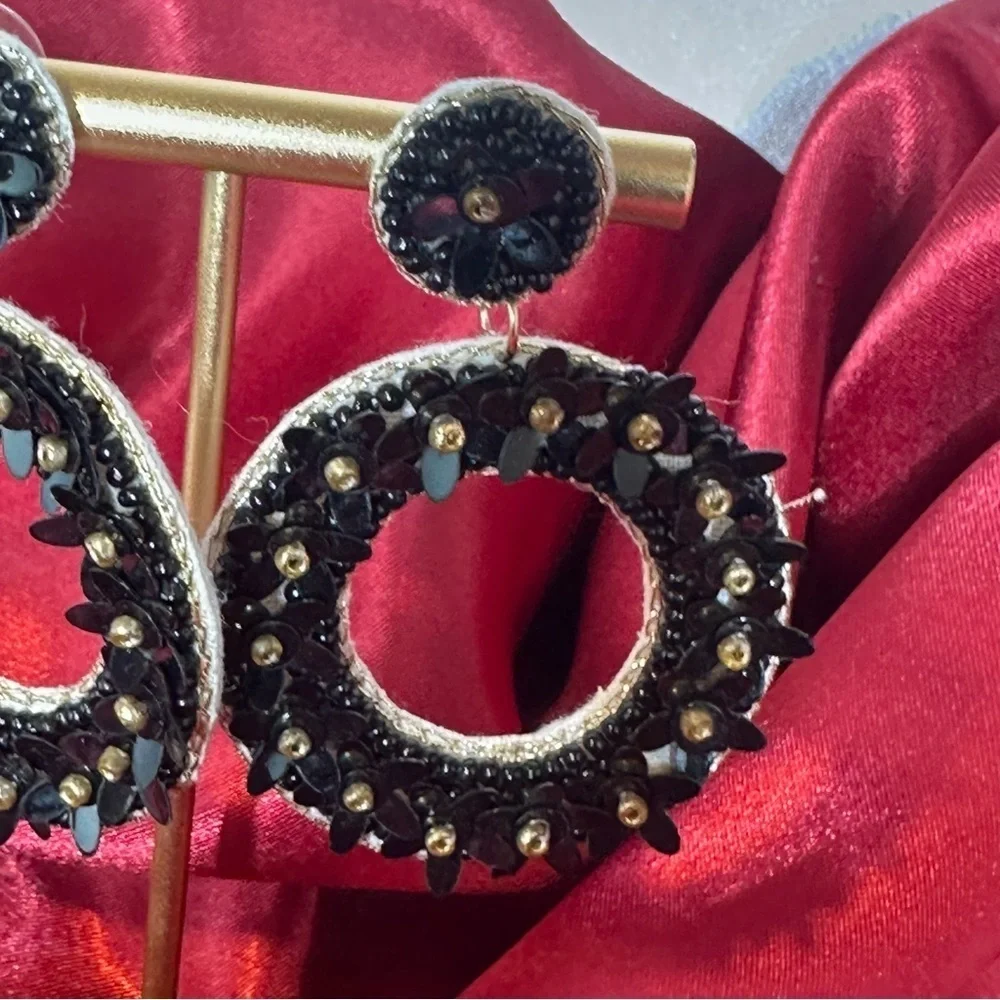 Francesca’s Black Sequin Floral Beaded Statement Earrings  NWT